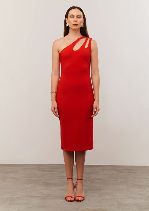Vestido Iódice Midi Ombro Só Abertura Decote Vermelho