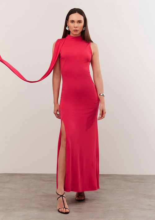 Vestido Iódice Longo Gola Alta Com Faixa Pink