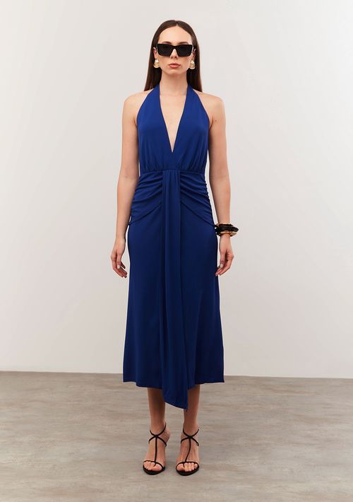 Vestido Iódice Midi Frente Única Com Faixa Azul