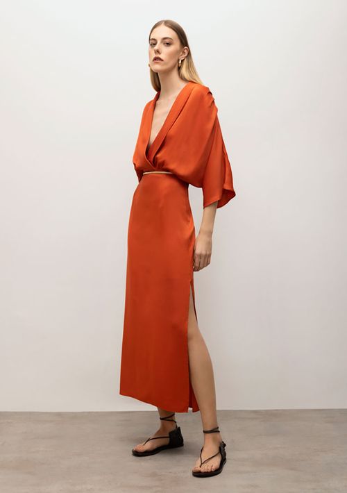 Vestido Iódice Midi Decote Transpassado Com Fenda Laranja