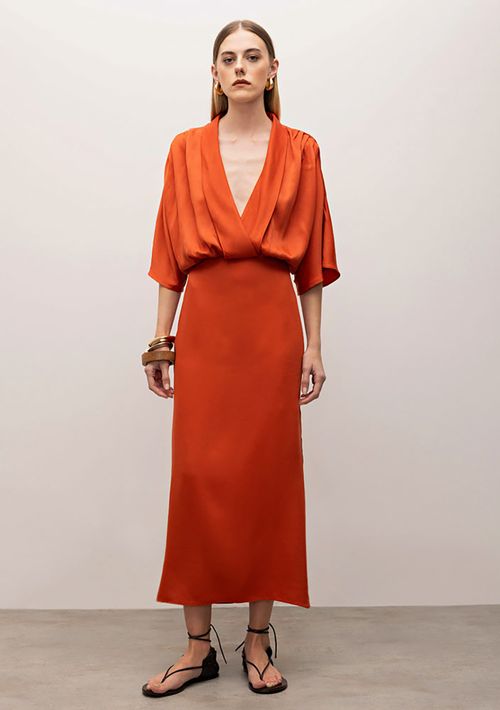 Vestido Iódice Midi Decote Transpassado Com Fenda Laranja