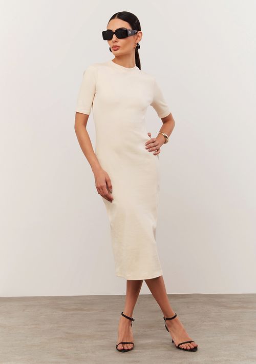Vestido Iódice Midi Decote Redondo Com Recorte Bege