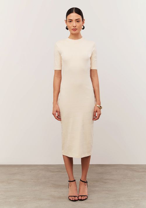 Vestido Iódice Midi Decote Redondo Com Recorte Bege