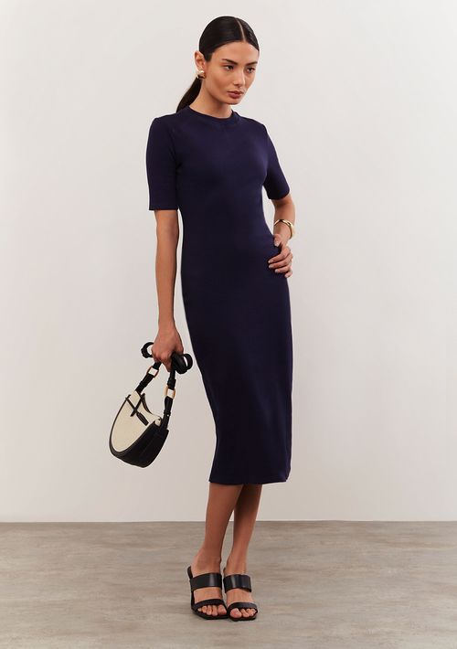Vestido Iódice Midi Decote Redondo Com Recorte Azul Marinho