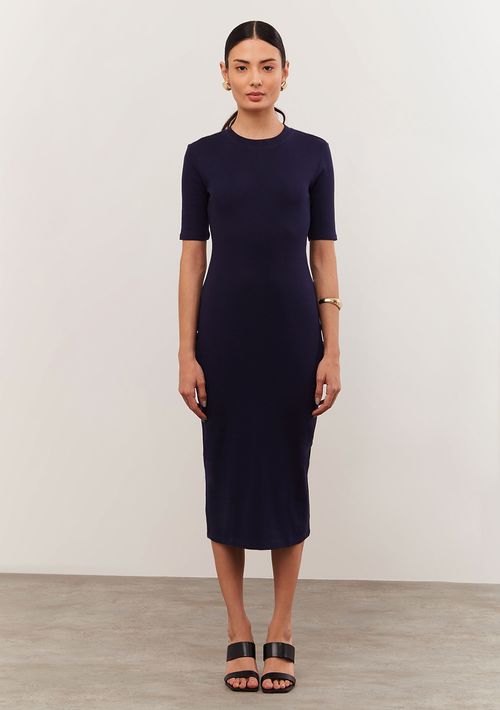 Vestido Iódice Midi Decote Redondo Com Recorte Azul Marinho