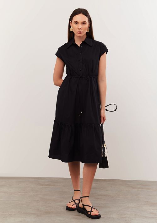Vestido Iódice Midi Gola Camisa Com Franzido Preto