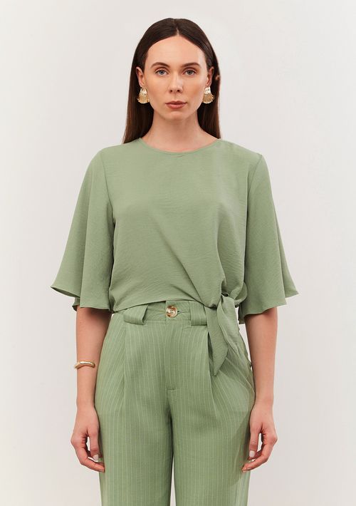Blusa Iódice Decote Redondo Manga Curta Amarração Frente Verde