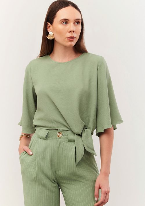 Blusa Iódice Decote Redondo Manga Curta Amarração Frente Verde
