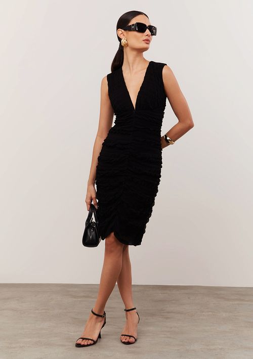 Vestido Iódice Midi Decote V Com Franzido Preto