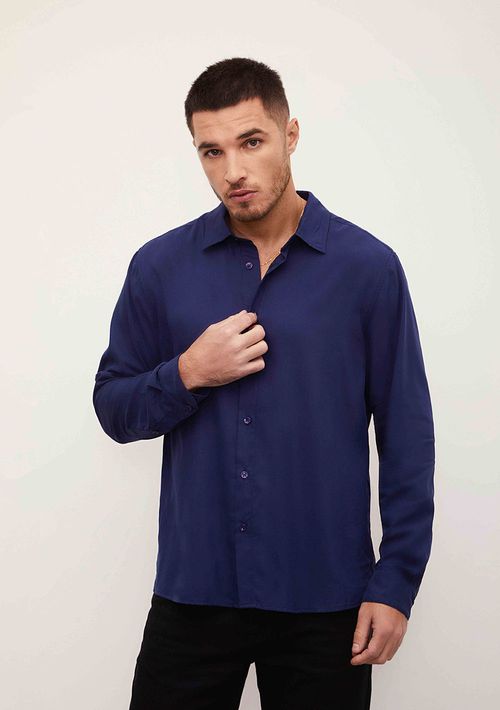 Camisa Sólta Decote V Manga Longa Padrao Azul
