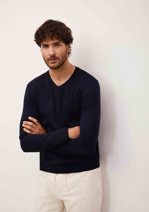 Blusa Ajustada Decote V Manga Longa Padrao Azul