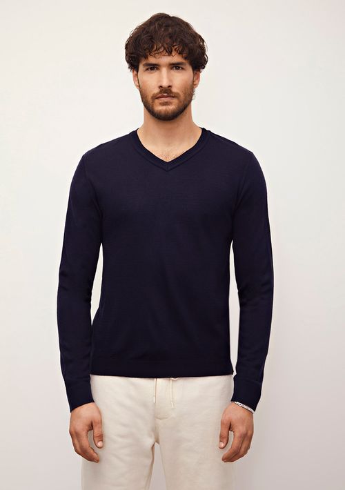 Blusa Ajustada Decote V Manga Longa Padrao Azul