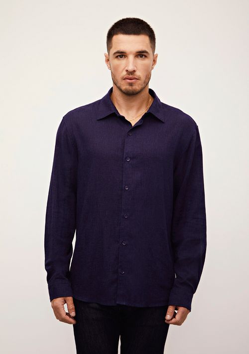 Camisa Sólta Decote V Manga Longa Padrao Azul