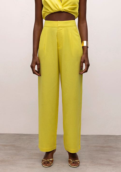 Calça Iódice Reta Cós Alto Com Pregas Amarelo