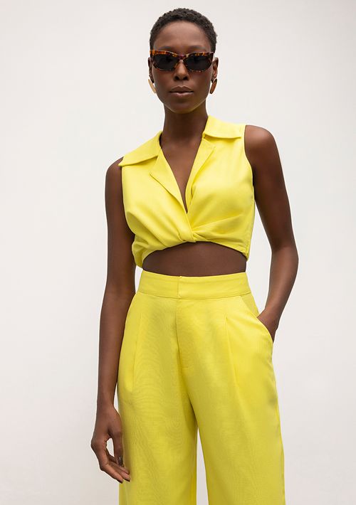 Top Iódice Cropped Sem Manga Detalhe Torção Amarelo