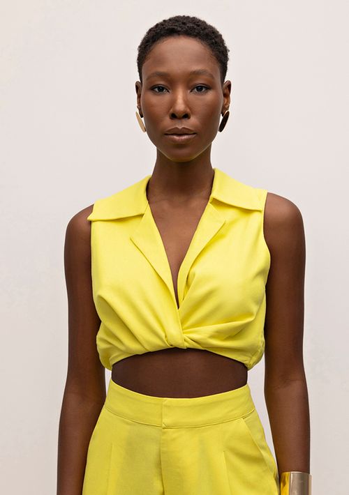 Top Iódice Cropped Sem Manga Detalhe Torção Amarelo