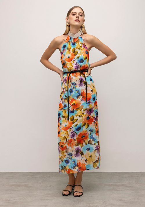 Vestido Iódice Midi Gola Alta Detalhe Couro Laranja