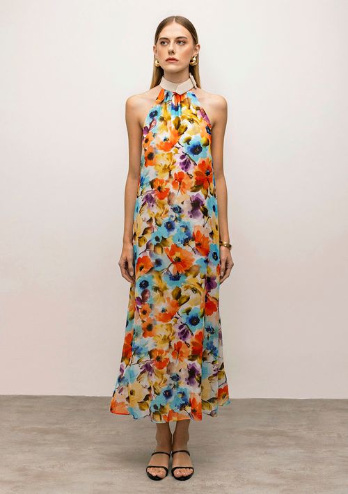 Vestido Iódice Midi Gola Alta Detalhe Couro Laranja
