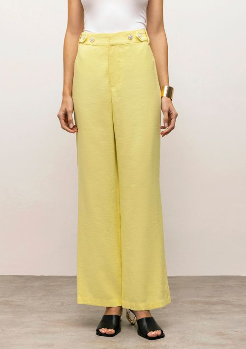Calça Iódice Reta Cós Alto Detalhe Botão Amarelo