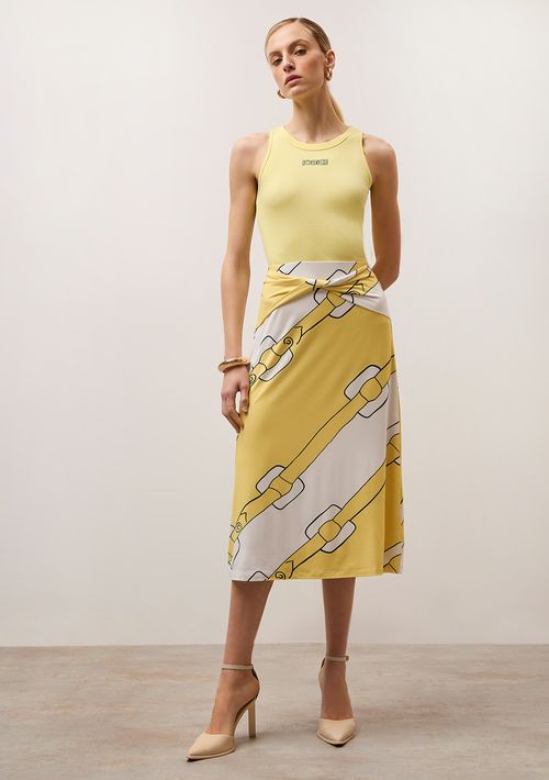Saia Iódice Midi Reta Detalhe Cós Amarelo
