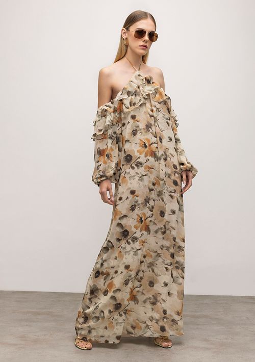 Vestido Iódice Longo Frente Única Com Babado Bege