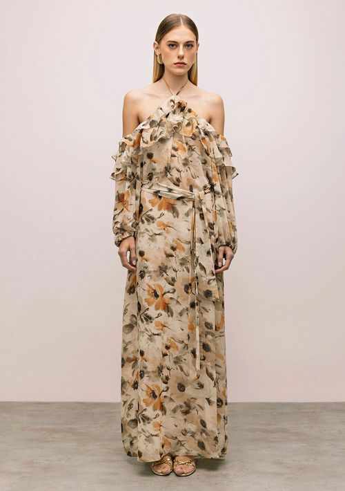 Vestido Iódice Longo Frente Única Com Babado Bege
