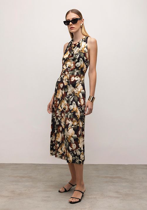 Vestido Iódice Midi Decote Degage Estampado Preto