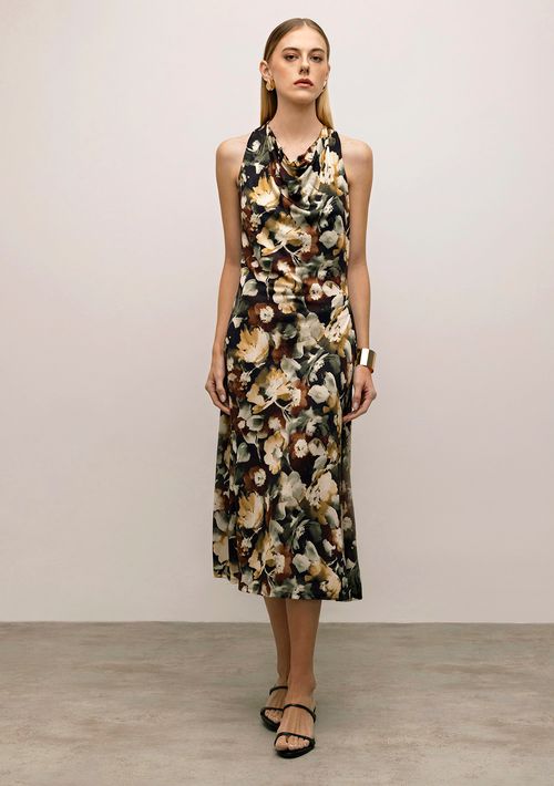 Vestido Iódice Midi Decote Degage Estampado Preto