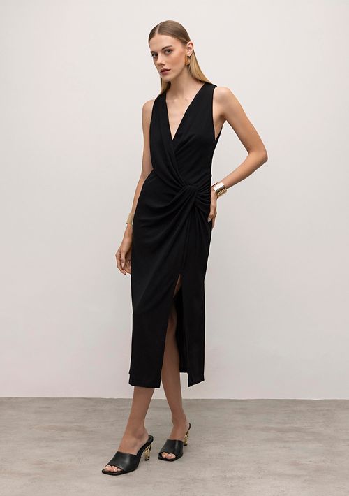 Vestido Iódice Midi Decote V Torção Frente Preto