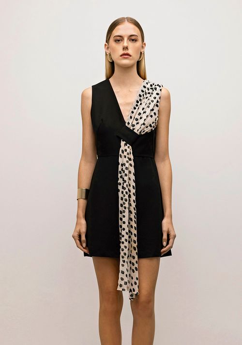 Vestido Iódice Curto Decote V Com Sobreposição Preto