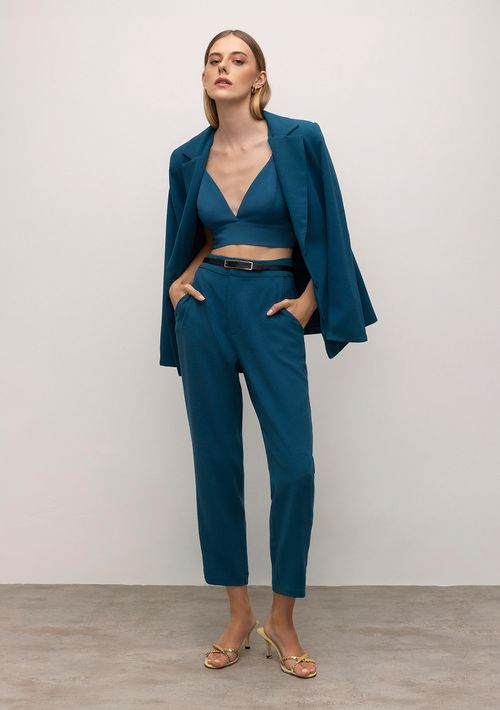 Calça Iódice Slim Cós Alto Bolso Faca Azul Marinho