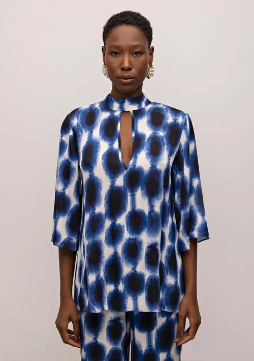 Blusa Iódice Gola Alta Manga Longa Abertura Frente Azul