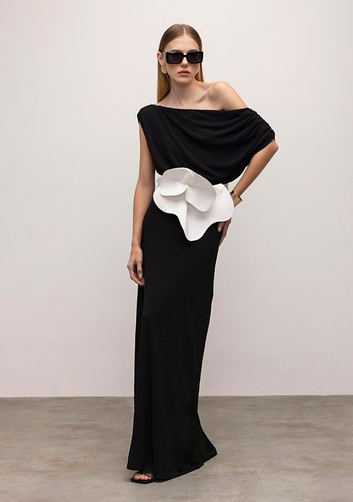 Vestido Iódice Longo Ombro Só Com Franzido Preto