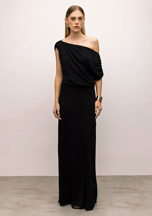 Vestido Iódice Longo Ombro Só Com Franzido Preto