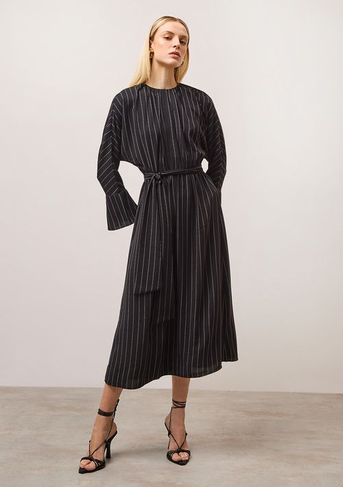 Vestido Iódice Midi Decote Redondo Com Franzido Preto