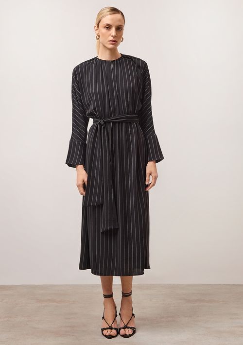 Vestido Iódice Midi Decote Redondo Com Franzido Preto