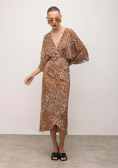 Vestido Iódice Midi Decote V Estampado Marrom