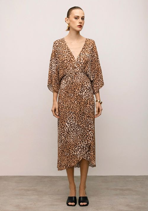 Vestido Iódice Midi Decote V Estampado Marrom
