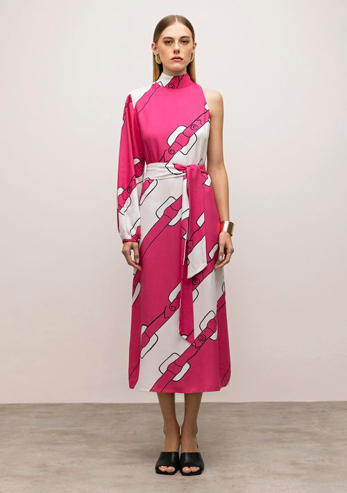 Vestido Iódice Midi Decote Redondo Com Faixa Pink