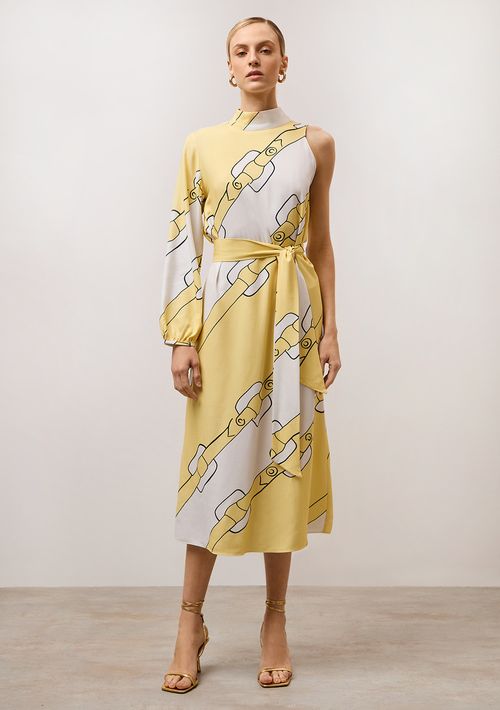 Vestido Iódice Midi Decote Redondo Com Faixa Amarelo