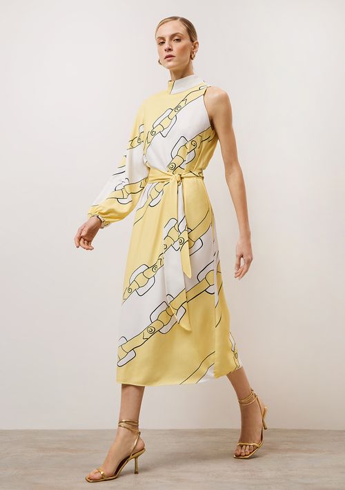 Vestido Iódice Midi Decote Redondo Com Faixa Amarelo