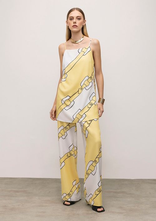 Calça Iódice Wide Cós Alto Com Pence Amarelo