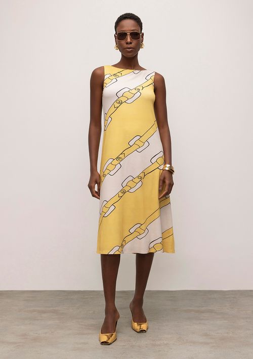 Vestido Iódice Midi Decote Canoa Com Recorte Amarelo