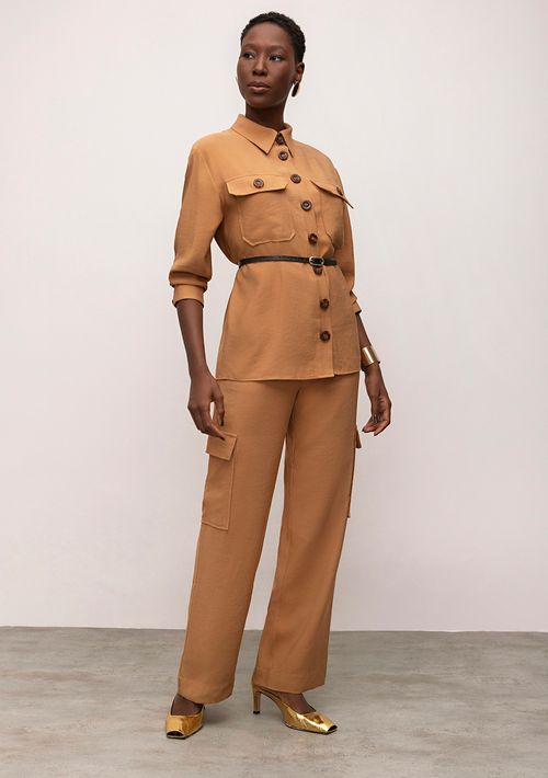 Calça Iódice Reta Cós Alto Com Bolso Marrom