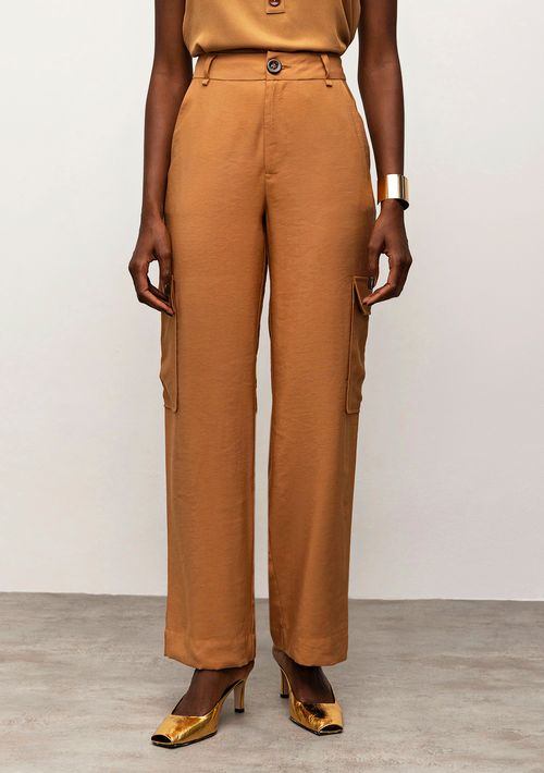 Calça Iódice Reta Cós Alto Com Bolso Marrom