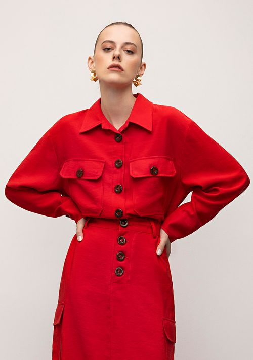 Camisa Iódice Manga Longa Com Bolso Vermelho