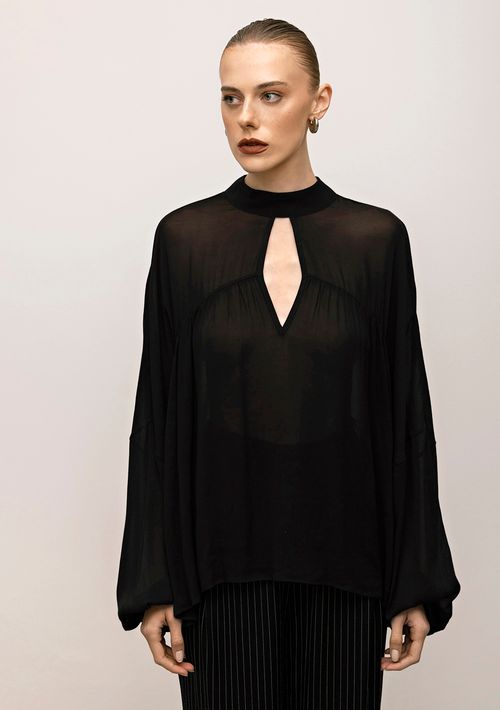 Blusa Iódice Decote V Manga Longa Com Franzido Preto