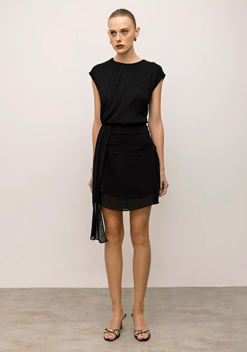 Vestido Iódice Curto Decote Redondo Com Sobreposição Preto