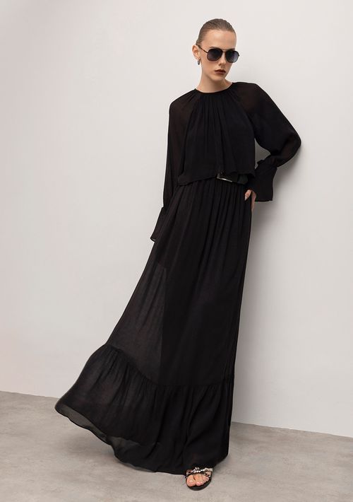 Vestido Iódice Longo Decote Franzido Com Sobreposição Preto