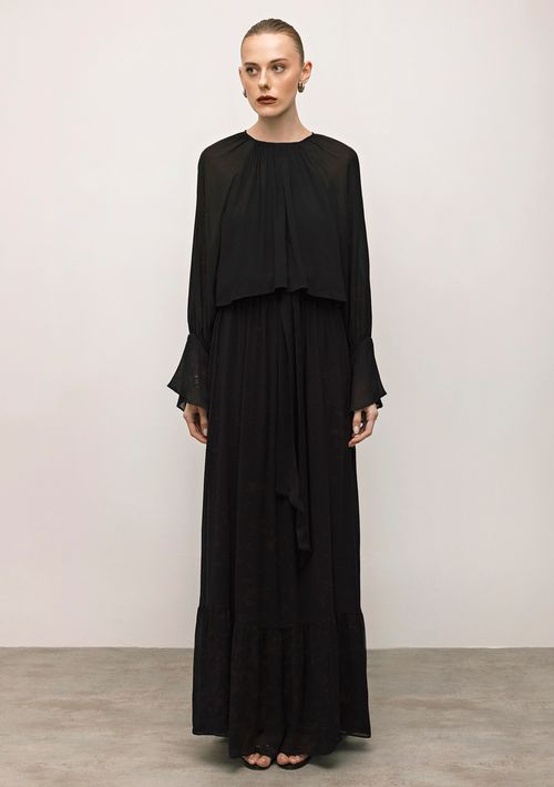 Vestido Iódice Longo Decote Franzido Com Sobreposição Preto